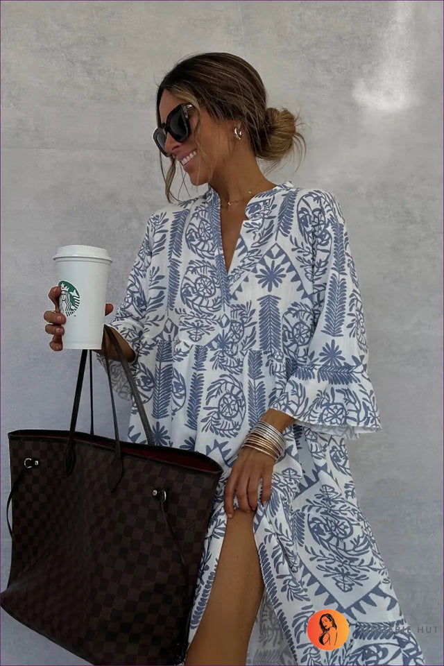 Printed Shirt Dress with 3/4 Sleeves - Effortless Daytime Chic