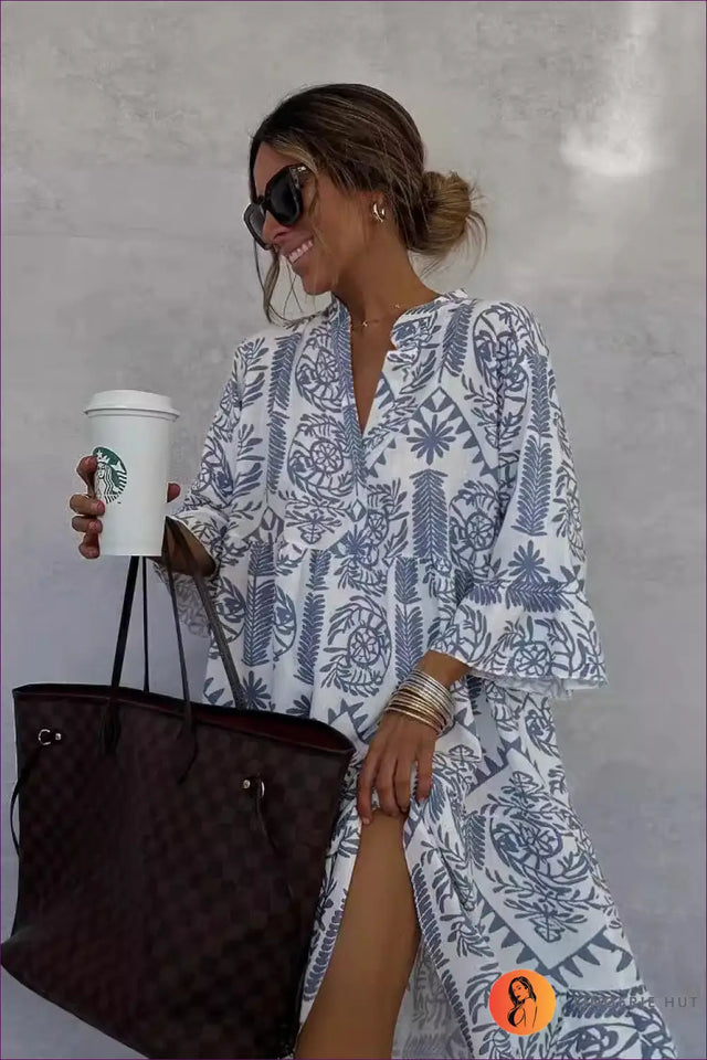 Printed Shirt Dress with 3/4 Sleeves - Effortless Daytime Chic