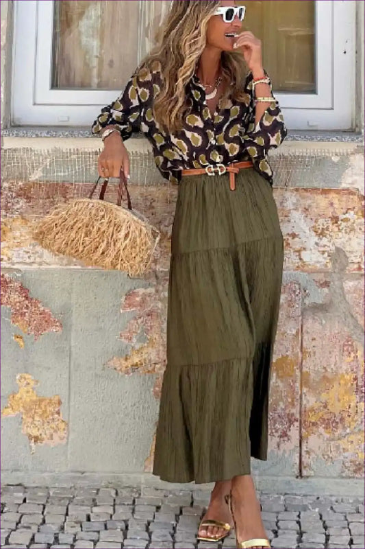 Printed Shirt & Midi Skirt Two-piece Set - Smart Casual for Casual, Everyday, Midi, Polyester