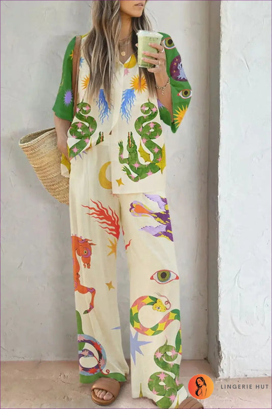 Printed Shirt and Wide-leg co Ord Set - Effortless Summer Style - s / White - Lingerie Hut - Boho • Casual • Everyday