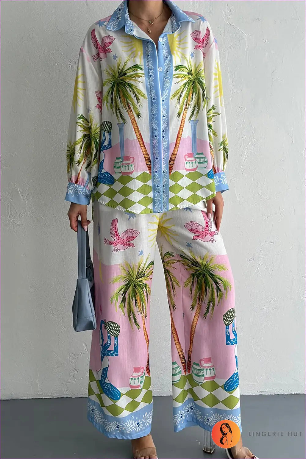 Printed Shirt & Wide Leg Trouser co Ord - Effortless Holiday Style - s / Pink - Lingerie Hut - Boho • Casual • Everyday