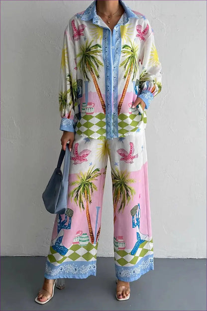 Printed Shirt and Wide Leg Trousers Two-piece Set for Casual, Everyday, Polyester, Summer, Vacation