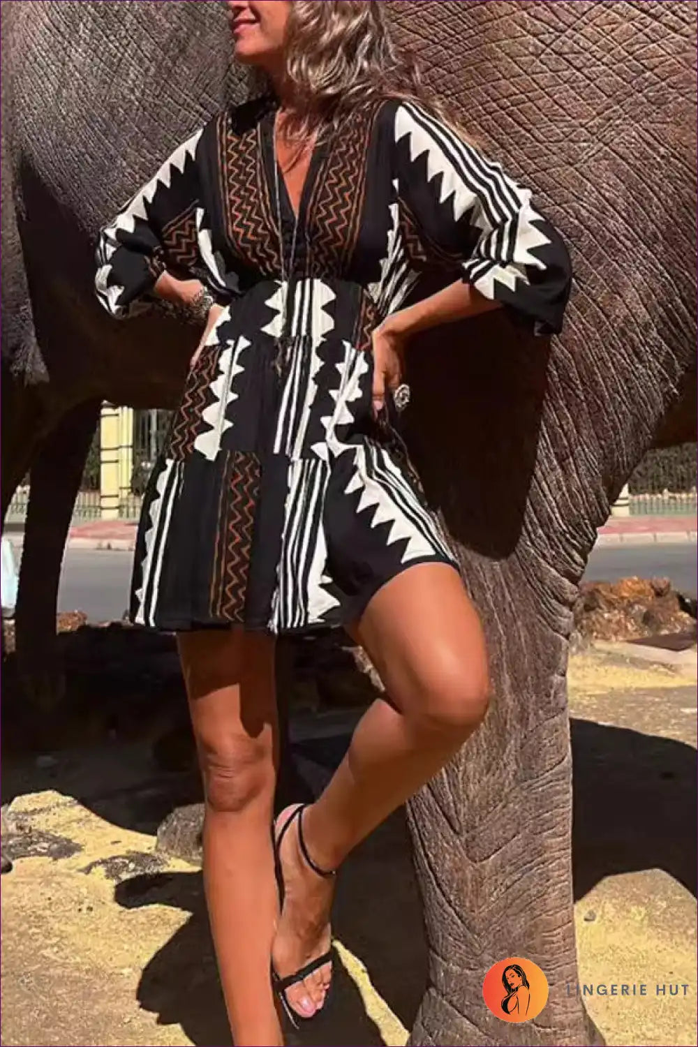 Printed V-neck Mini Dress with Tiered Skirt - Boho Chic for a Line, Boho, Casual, Date Night, Dresses