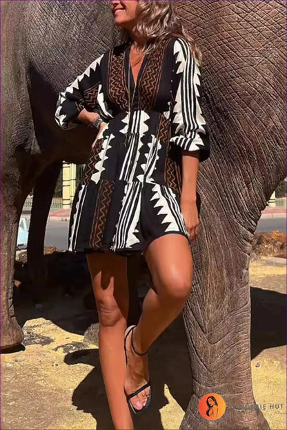 Printed V-neck Mini Dress with Tiered Skirt - Boho Chic for a Line, Boho, Casual, Date Night, Dresses