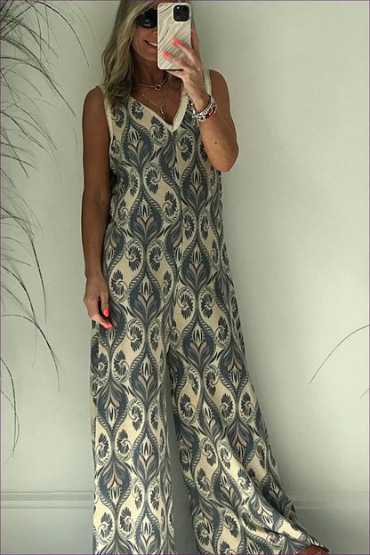 Printed Wide-leg Jumpsuit - Effortless Resort Mood - Boho • Casual • Clothing • Everyday • Floral - Lingerie Hut
