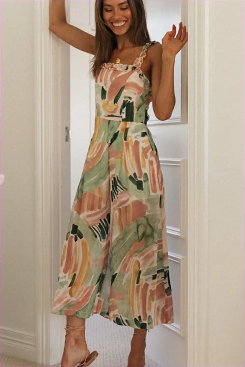 Printed Wide-leg Jumpsuit with Ruffle Straps - Artistic Summer Ease for Boho, Casual, Everyday, Jumpsuit,