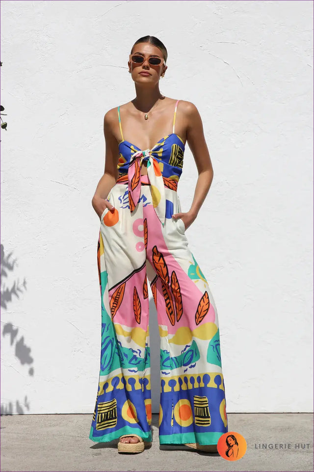 Printed Wide Leg Jumpsuit with Tie Front - Summer Statement Look