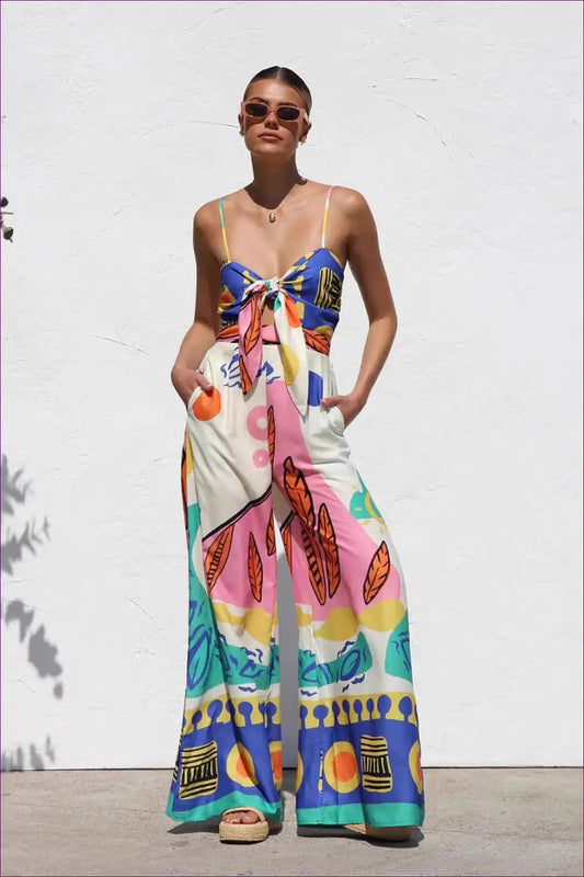 Printed Wide Leg Jumpsuit with Tie Front - Summer Statement Look for Activewear, Beachwear, Boho, Casual,