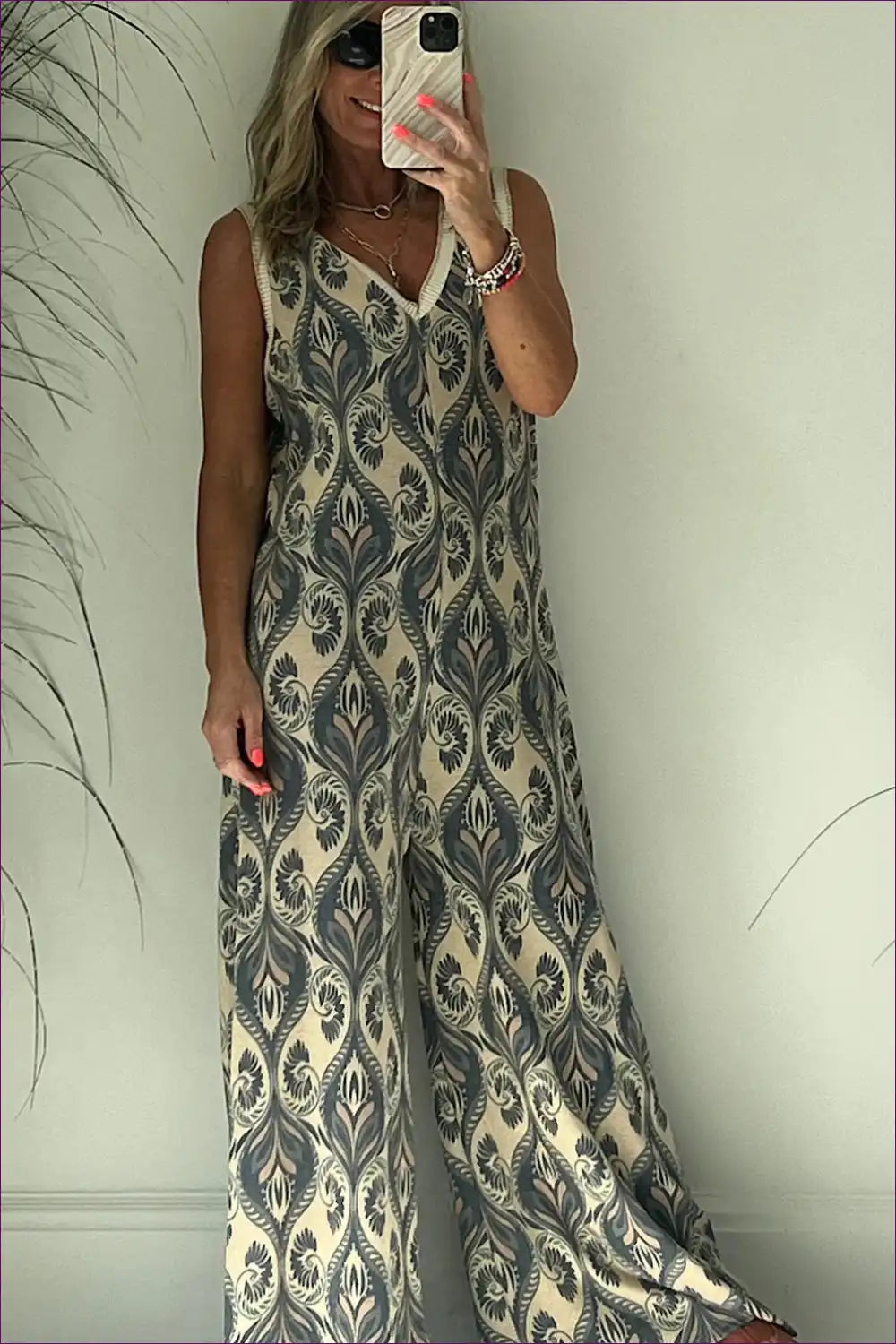 Printed Wide-leg V-neck Jumpsuit with Rib Trim - Relaxed for Casual, Dresses, just In, Polyester, Sleeveless
