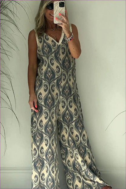 Printed Wide-leg V-neck Jumpsuit with Rib Trim - Relaxed for Casual, Dresses, just In, Polyester, Sleeveless