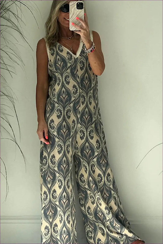 Printed Wide-leg V-neck Jumpsuit with Rib Trim - Relaxed for Casual, Dresses, just In, Polyester, Sleeveless
