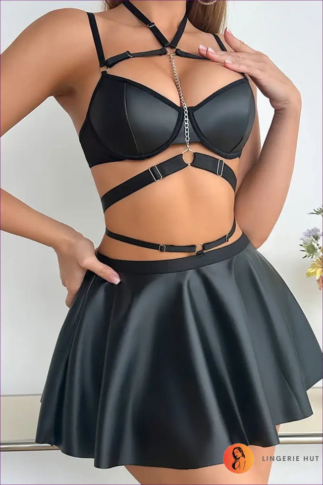 PU Leather Bra Set with Garter & Skirt - Modern Boudoir Edge