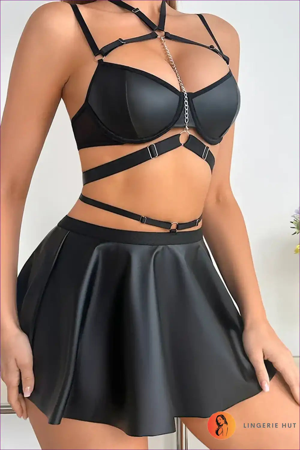 Pu Leather Bra & Skirt Lingerie Set with Garter Belt for Boudoir, Set, Date Night, Garter,