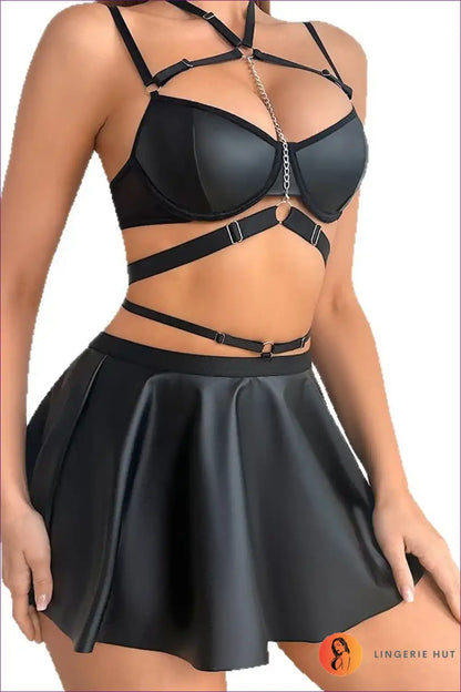 Pu Leather Bra & Skirt Lingerie Set with Garter Belt for Boudoir, Set, Date Night, Garter,