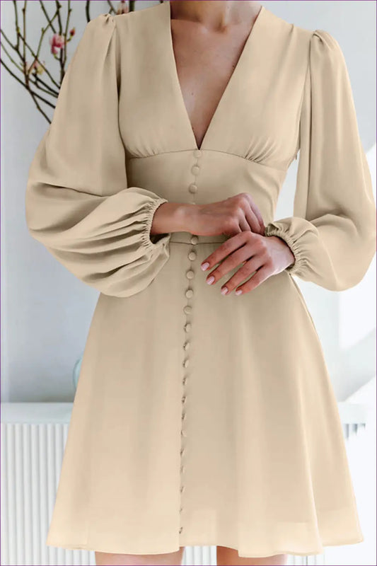 Puff Sleeve Button-down Mini Dress - Effortless Elegance for A-line, Casual, Dress, Everyday,