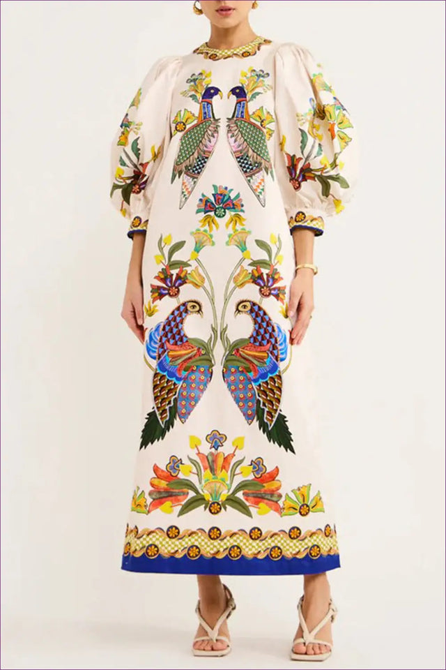 Puff-Sleeve Maxi Dress with Ornate Print - Understated Glamour