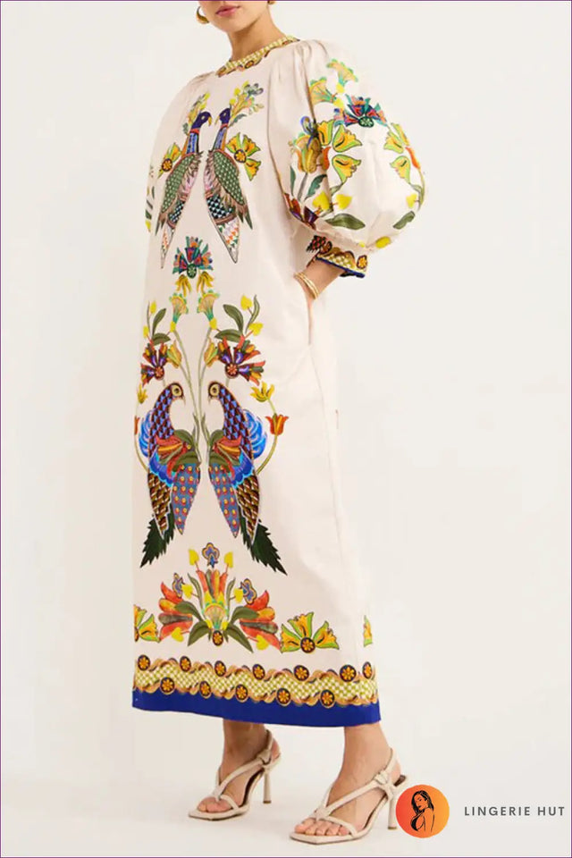 Puff-Sleeve Maxi Dress with Ornate Print - Understated Glamour