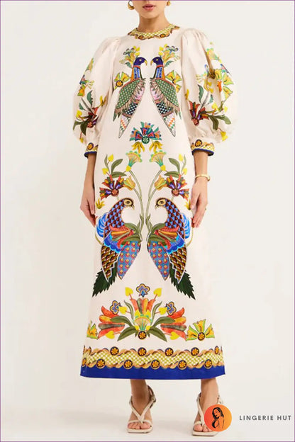 Puff-sleeve Maxi Dress with Ornate Print - Understated Glamour - s / White - Dresses - Lingerie Hut - Boho • Evening