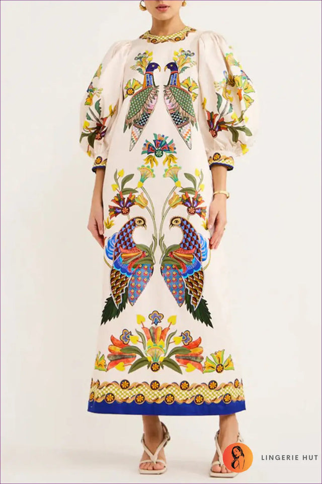Puff-Sleeve Maxi Dress with Ornate Print - Understated Glamour