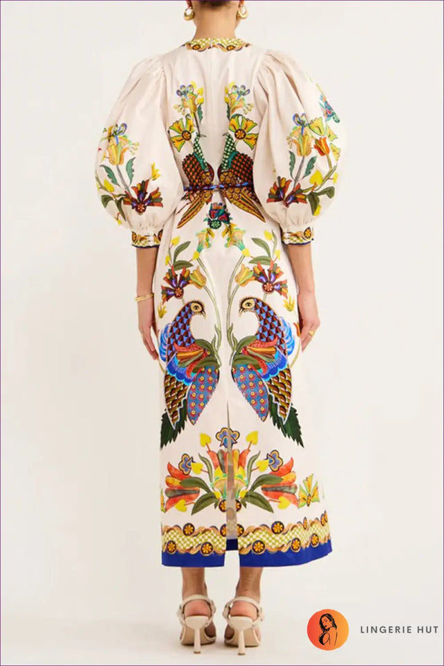 Puff-Sleeve Maxi Dress with Ornate Print - Understated Glamour