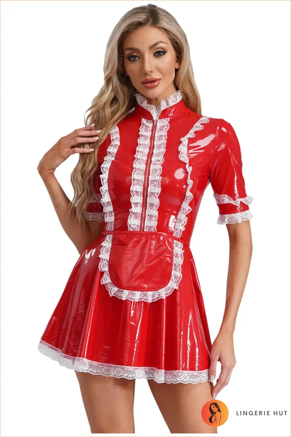 Pvc Maid Costume with Lace Ruffle Trim - After Dark Shine - Red / s - Clubwear • just in • Night out • Party - Lingerie
