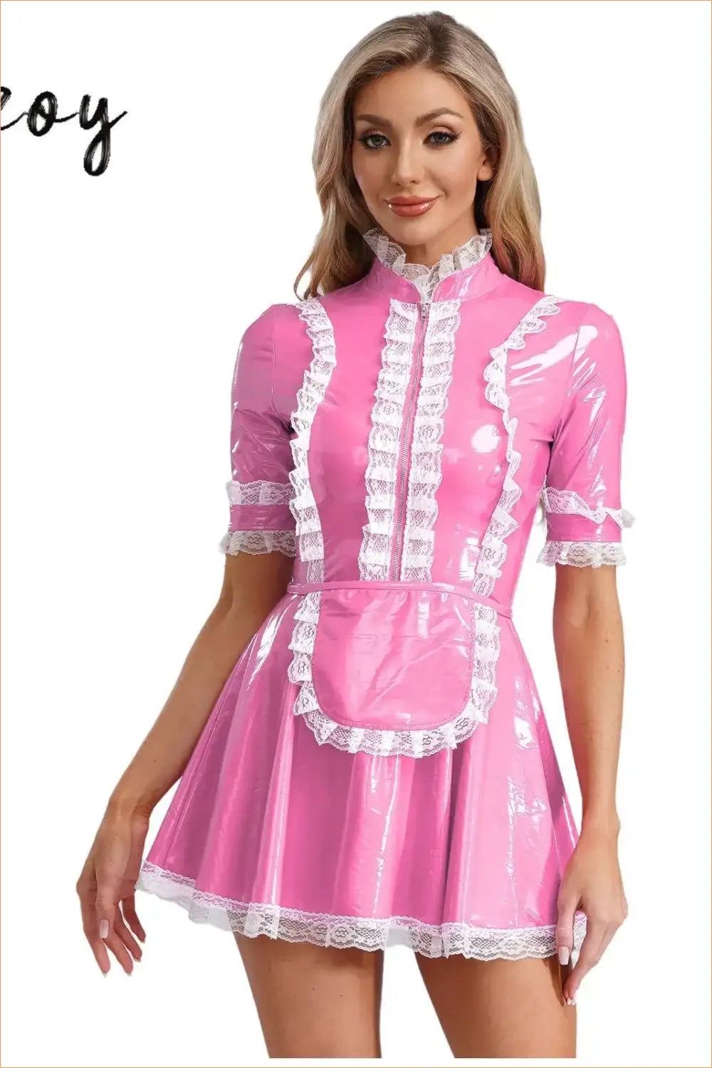 Pvc Maid Costume with Lace Ruffle Trim - After Dark Shine - Clubwear • just in • Night out • Party - Lingerie Hut