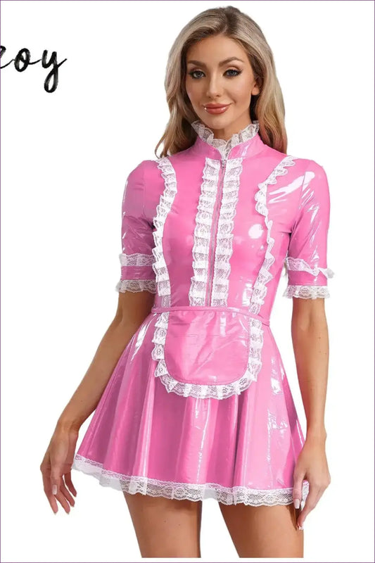 Pvc Maid Costume with Lace Ruffle Trim - After Dark Shine - Clubwear • just in • Night out • Party - Lingerie Hut