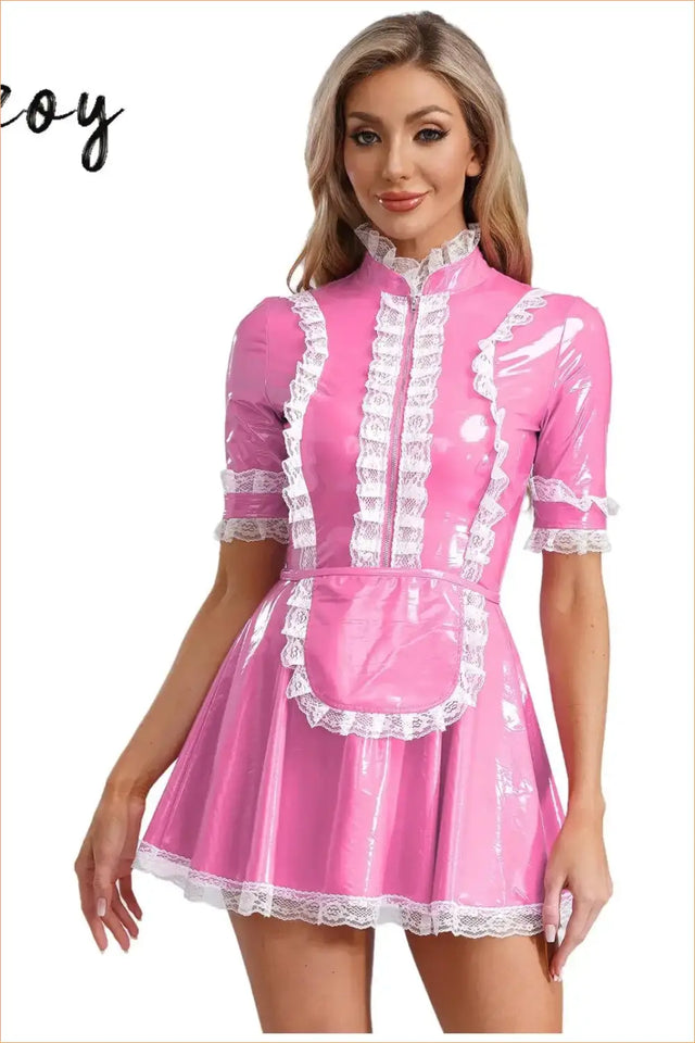 PVC Maid Costume with Lace Ruffle Trim - After Dark Shine