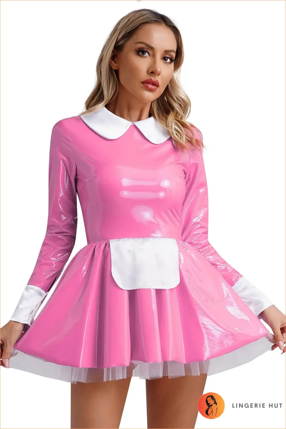 Pvc Maid Costume with Lace Ruffle Trim - After Dark Shine - Pink b / s - Clubwear • just in • Night out • Party