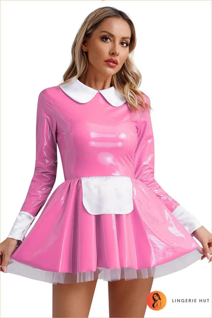 Pvc Maid Costume with Lace Ruffle Trim - After Dark Shine - Pink b / s - Clubwear • just in • Night out • Party