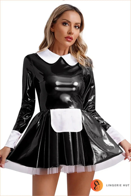 Pvc Maid Costume with Lace Ruffle Trim - After Dark Shine - Black b / s - Clubwear • just in • Night out • Party