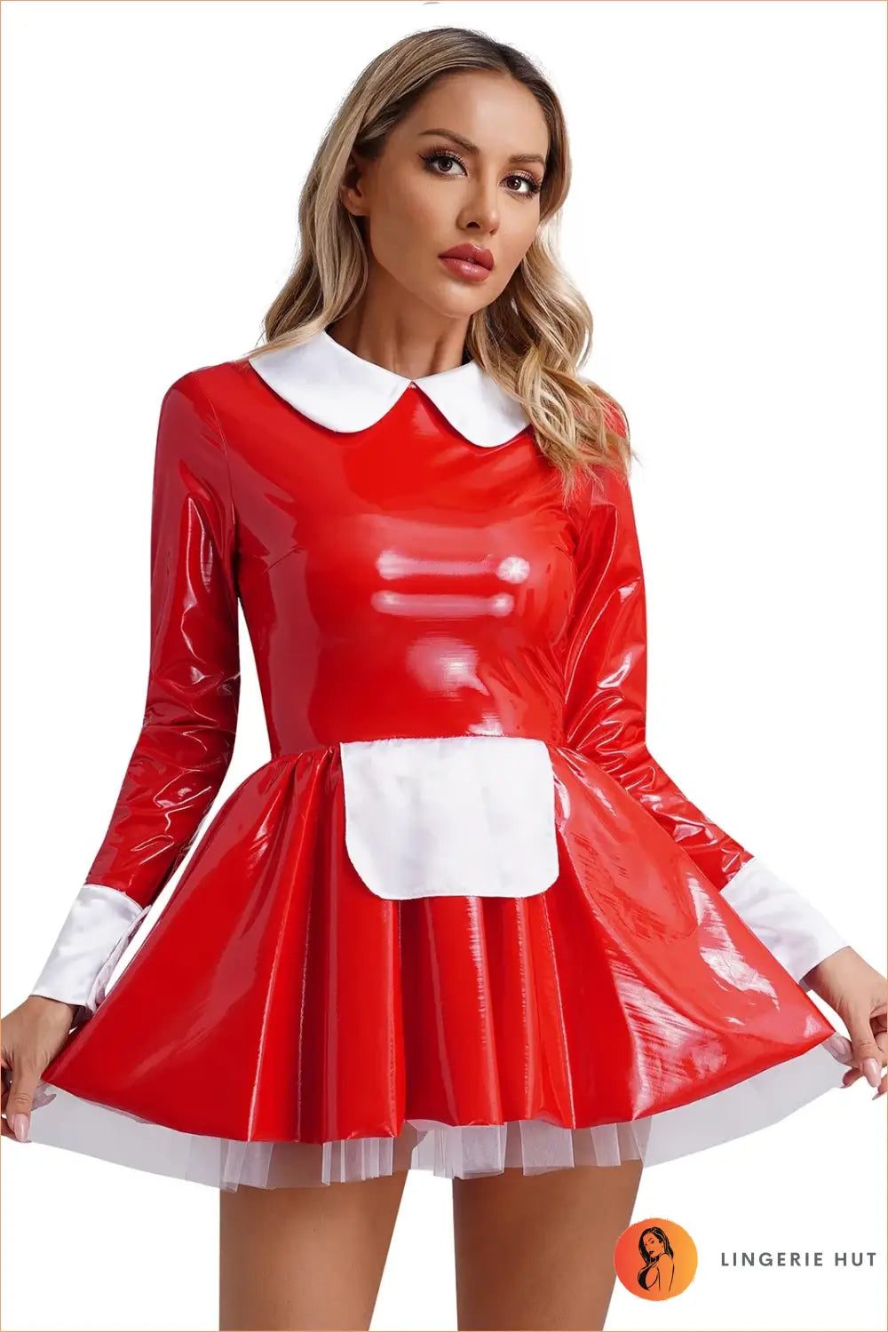 Pvc Maid Costume with Lace Ruffle Trim - After Dark Shine - Red b / s - Clubwear • just in • Night out • Party