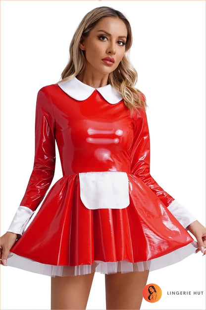 Pvc Maid Costume with Lace Ruffle Trim - After Dark Shine - Red b / s - Clubwear • just in • Night out • Party