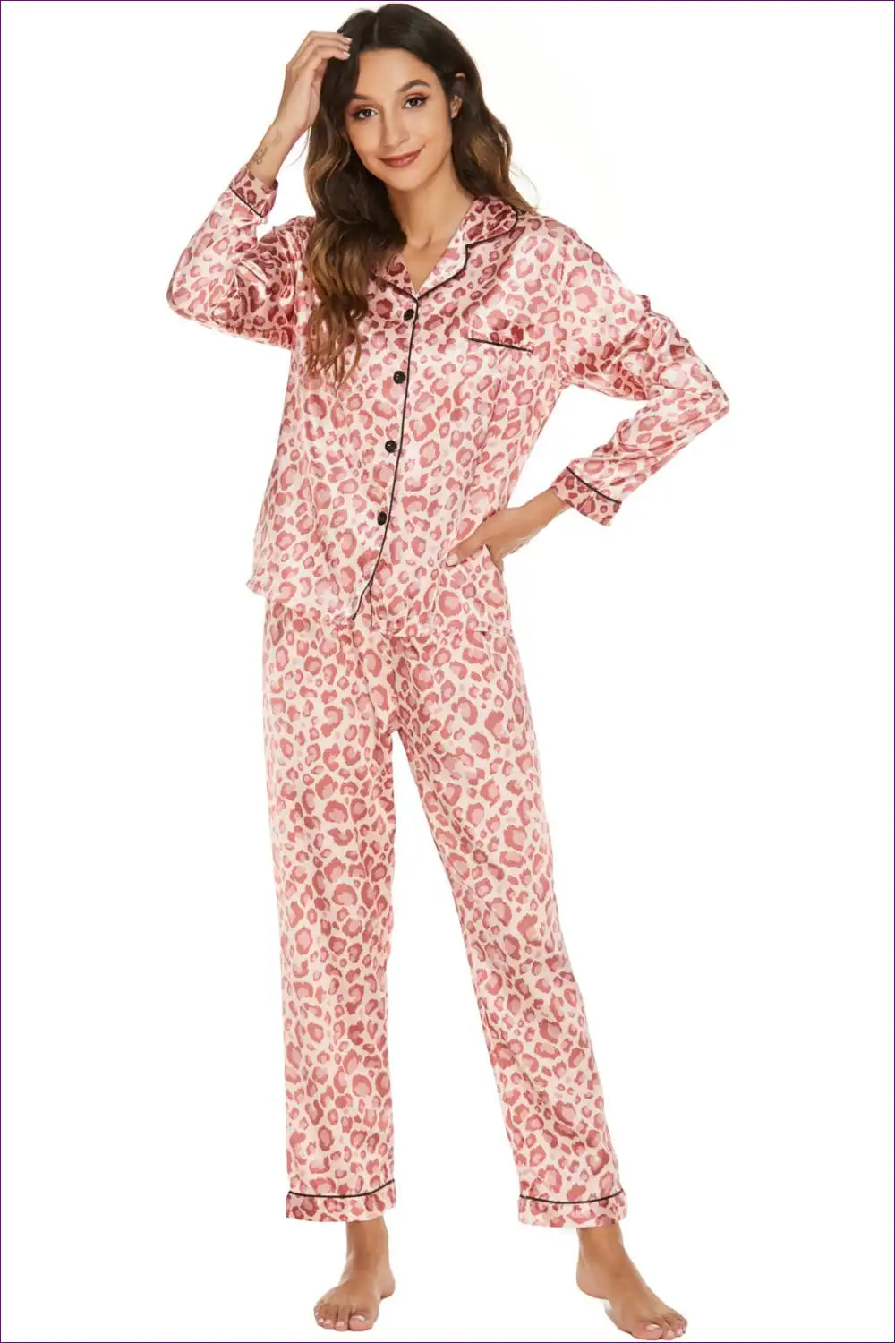 Pyjama Set with Animal Print and Classic Piping - Playful Comfort Edit for All Season, Animal, Casual,