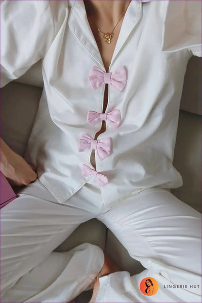 Pyjama Set with Bow Details - Playful Sophistication for All Season, Casual, Cotton, just In, Loungewear