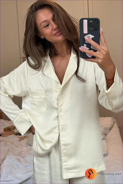 Pyjama Set with Button Front - Classic Elegance for All Season, Casual, Cotton, Everyday,