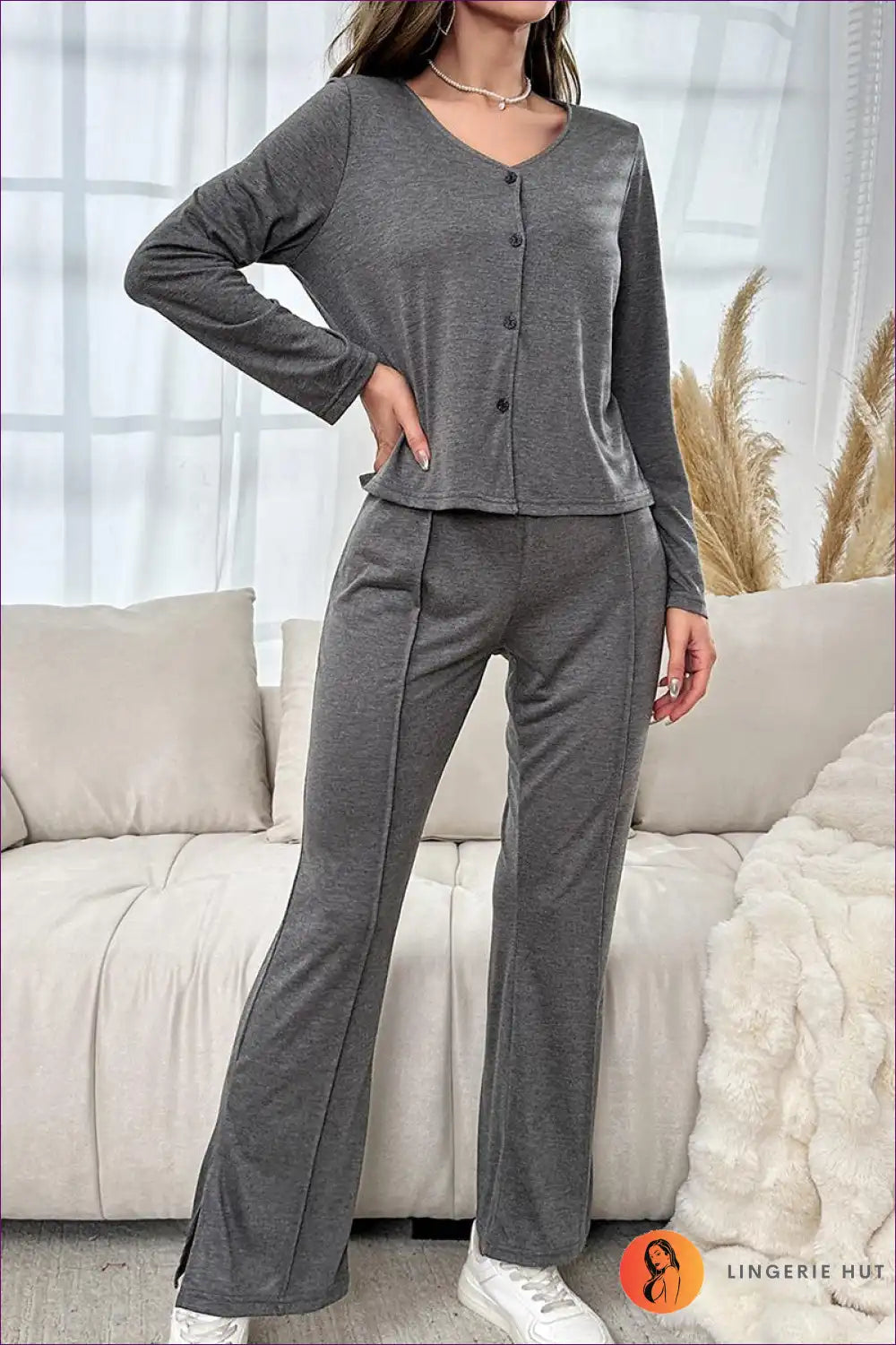 Pyjama Set with Button Front - Sophisticated Evenings for All Season, Autumn, Casual, Everyday,