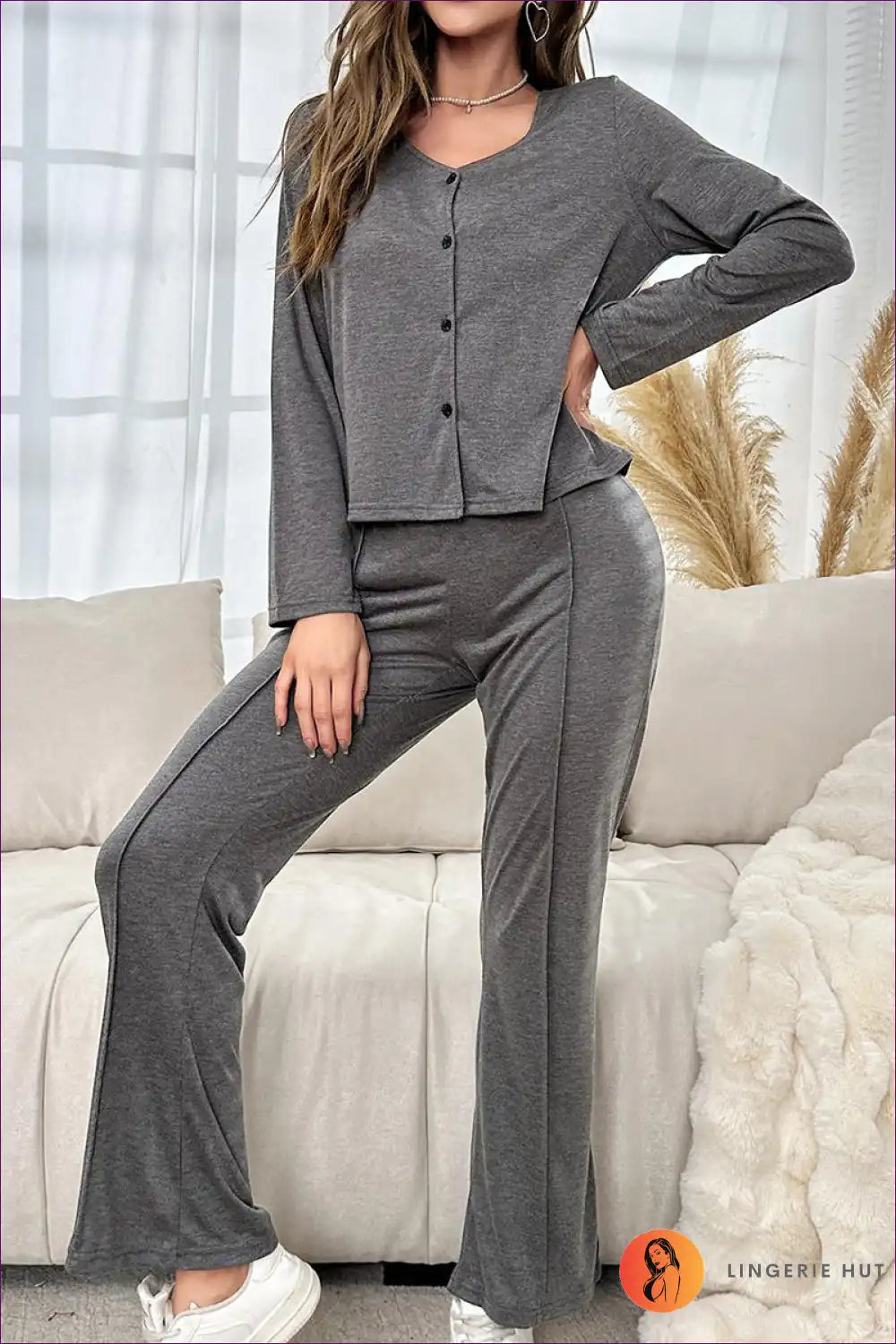 Pyjama Set with Button Front - Sophisticated Evenings for All Season, Autumn, Casual, Everyday,