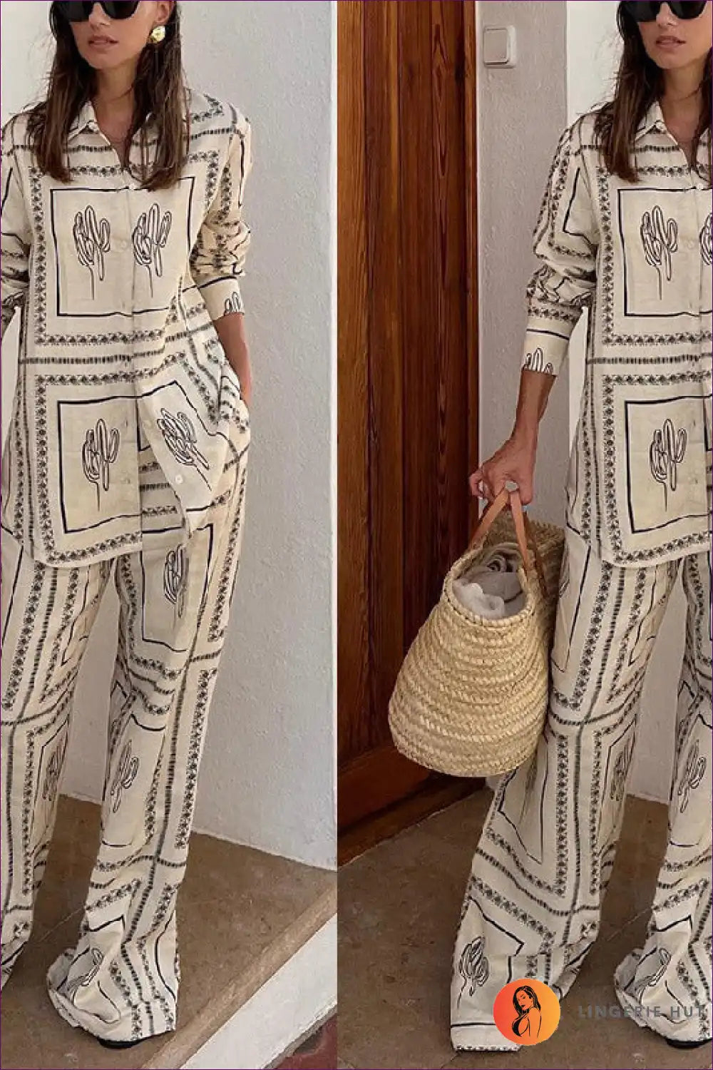 Pyjama Set with Cactus Print - Desert Dreams Comfort for All Season, Casual, Cotton, Everyday, Floral