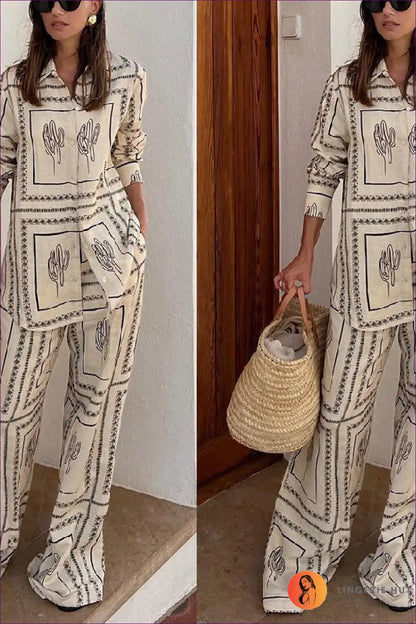 Pyjama Set with Cactus Print - Desert Dreams Comfort for All Season, Casual, Cotton, Everyday, Floral