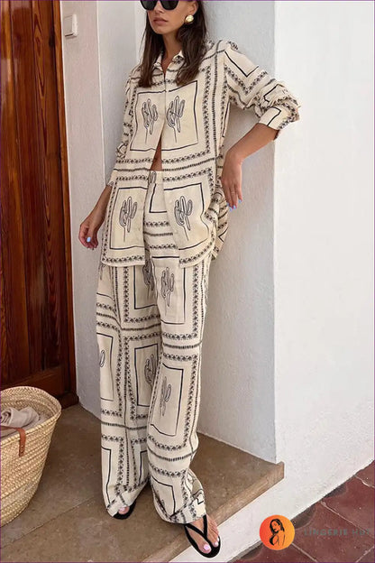 Pyjama Set with Cactus Print - Desert Dreams Comfort for All Season, Casual, Cotton, Everyday, Floral