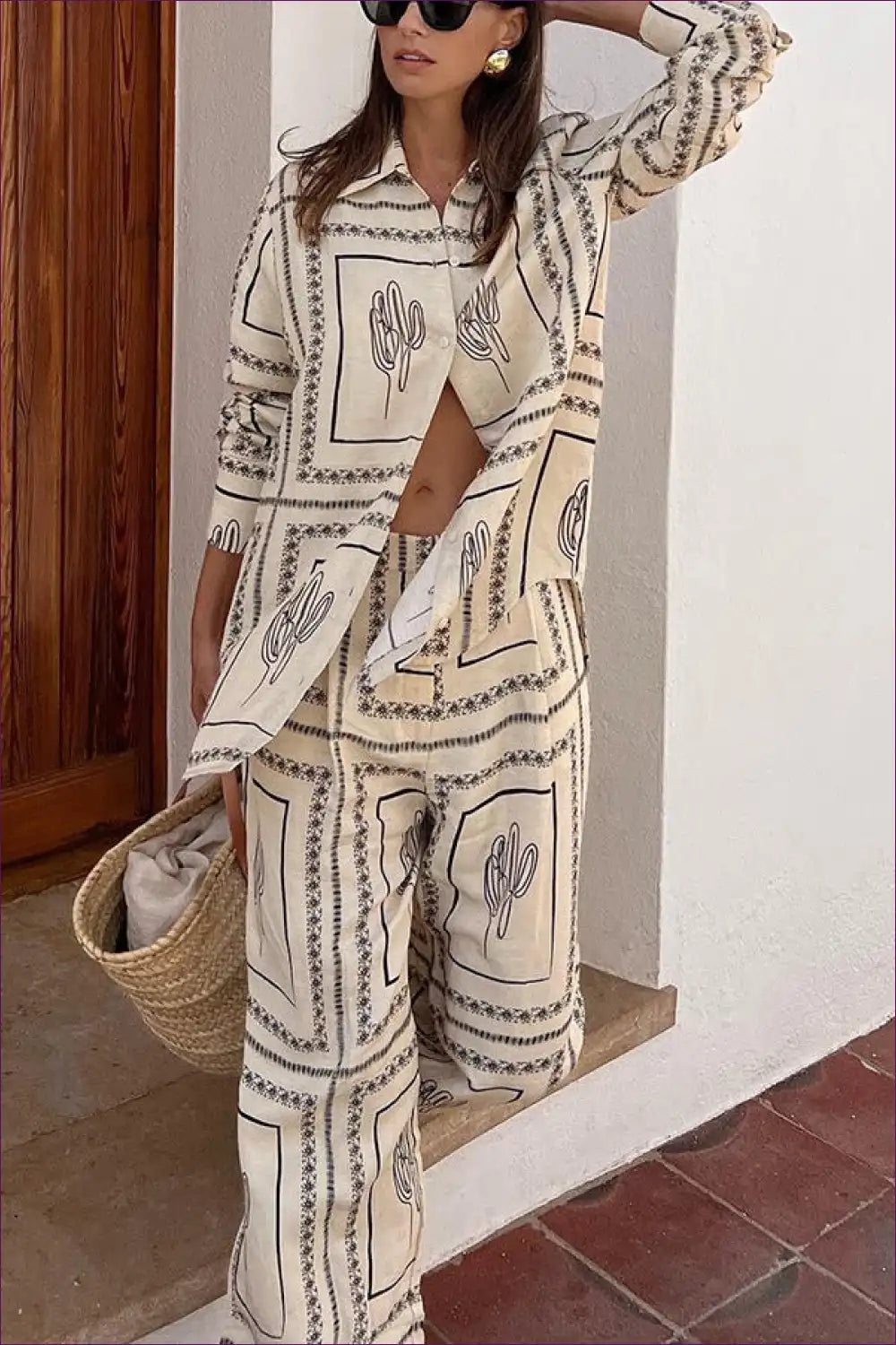 Pyjama Set with Cactus Print - Desert Dreams Comfort for All Season, Casual, Cotton, Everyday, Floral