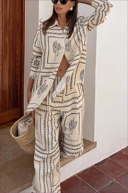 Pyjama Set with Cactus Print - Desert Dreams Comfort for All Season, Casual, Cotton, Everyday, Floral