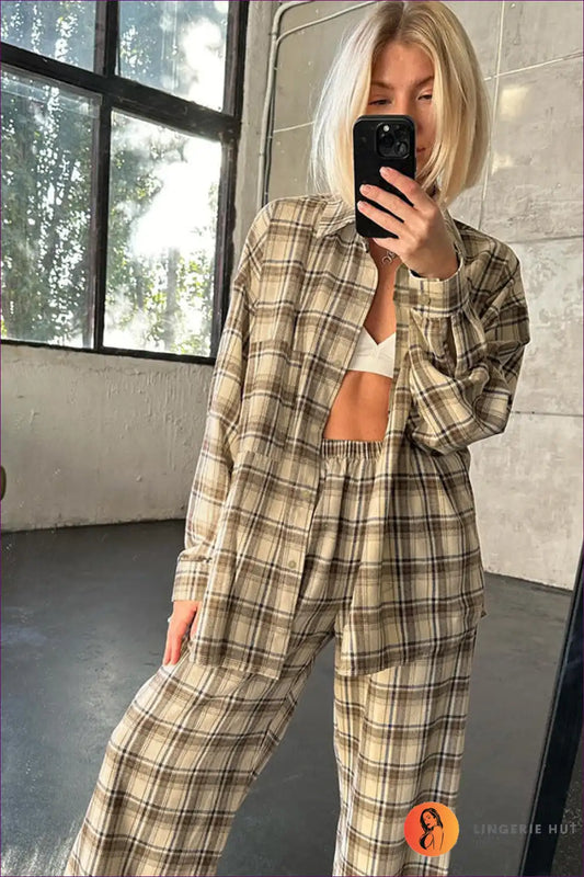 Pyjama Set with Check Pattern - Autumn Comfort for Autumn, Casual, Cotton, Everyday,