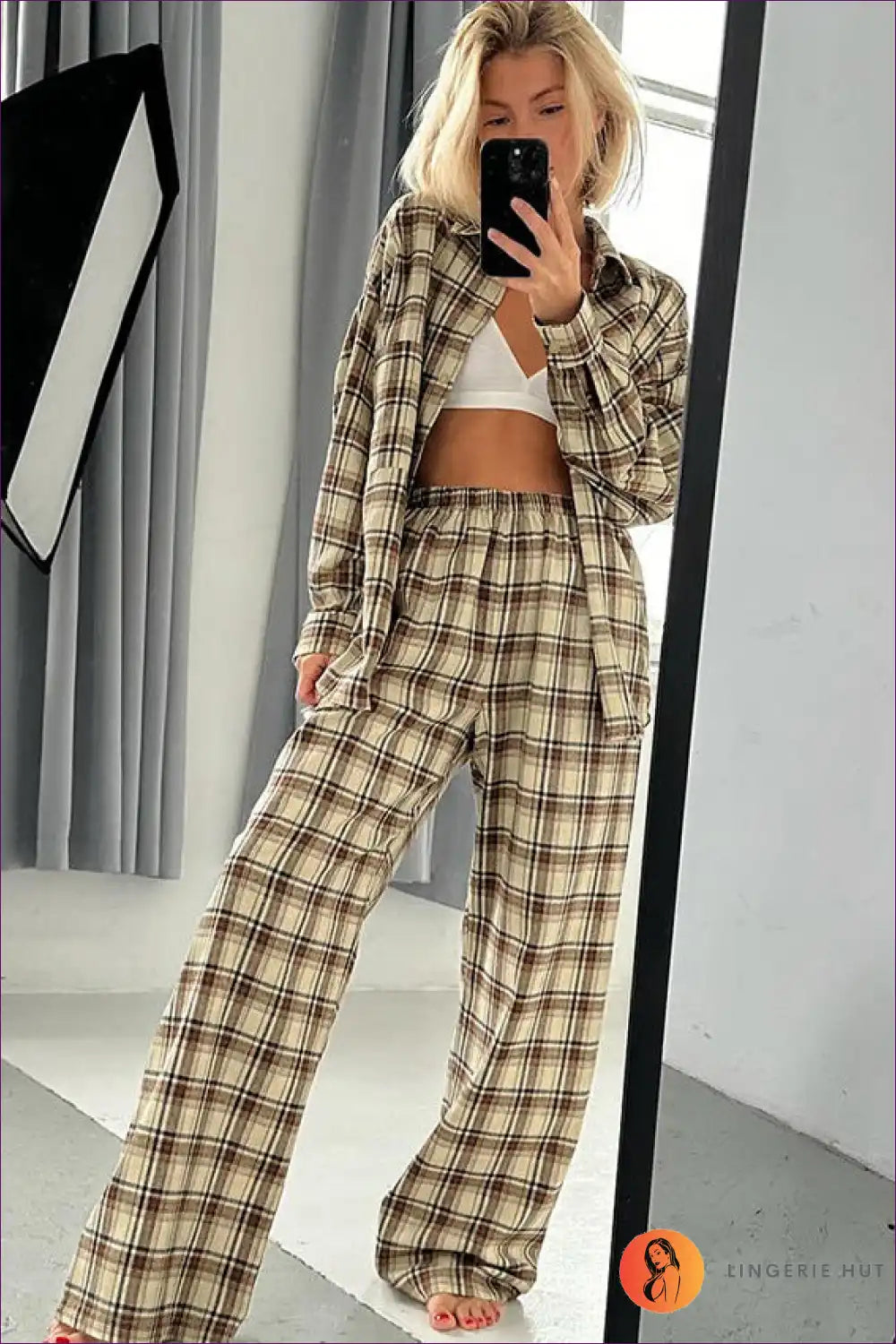 Pyjama Set with Check Pattern - Autumn Comfort for Autumn, Casual, Cotton, Everyday,
