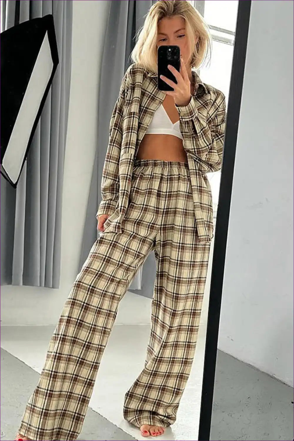 Pyjama Set with Check Pattern - Autumn Comfort for Autumn, Casual, Cotton, Everyday,