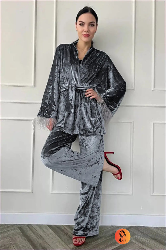 Pyjama With Robe Set in Crushed Texture