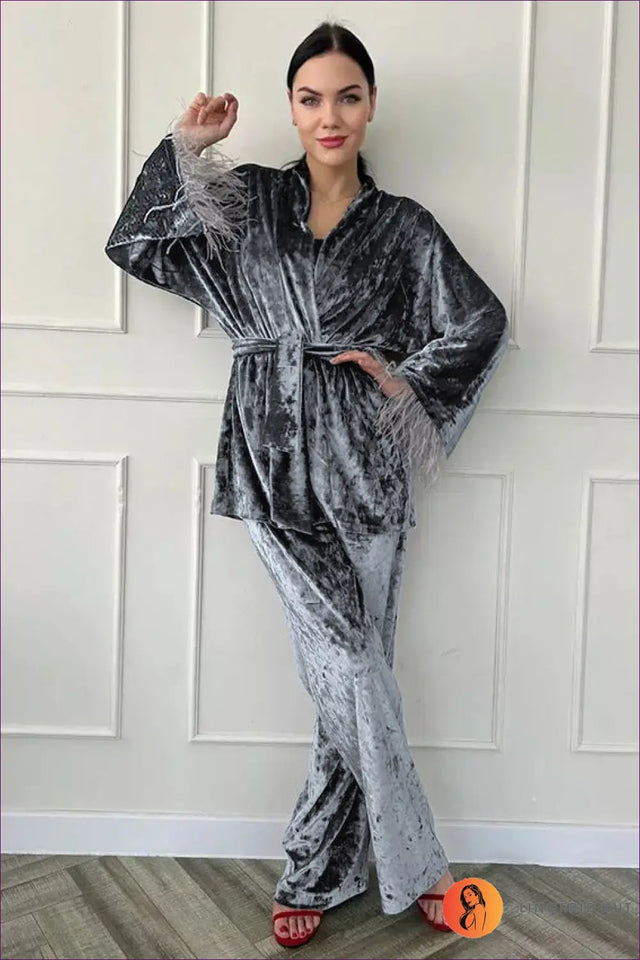 Pyjama With Robe Set in Crushed Texture