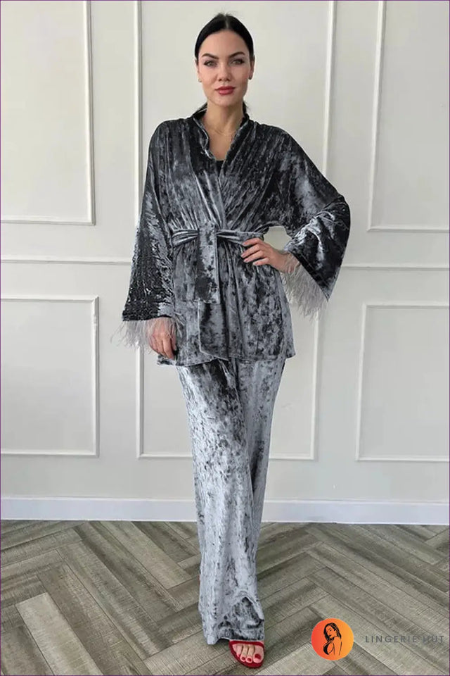 Pyjama With Robe Set in Crushed Texture