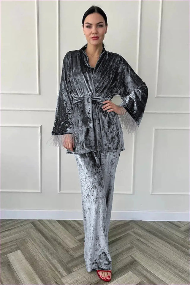 Pyjama With Robe Set in Crushed Texture